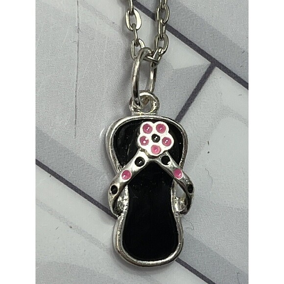 Y2K Flip Flop Necklace Sterling Silver Plated Flower Power Black & Pink Fairy - Picture 4 of 7